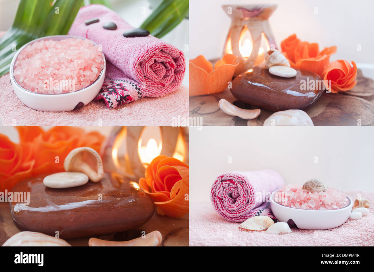 spa collage pink [orange color]  'spa salon' spa therapy aromatherapy 'bath salt' towel soap candle background Stock Photo