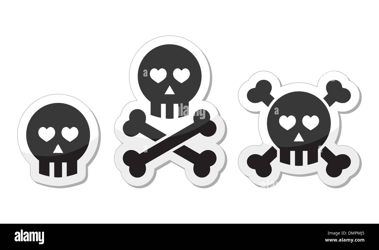 Cartoon skull with bones and hearts vector icon set Stock Vector