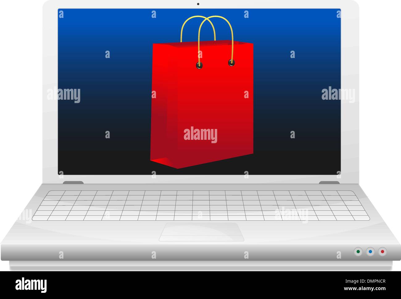 On line shopping concept. Red shopping bag at laptop screen. Stock Vector