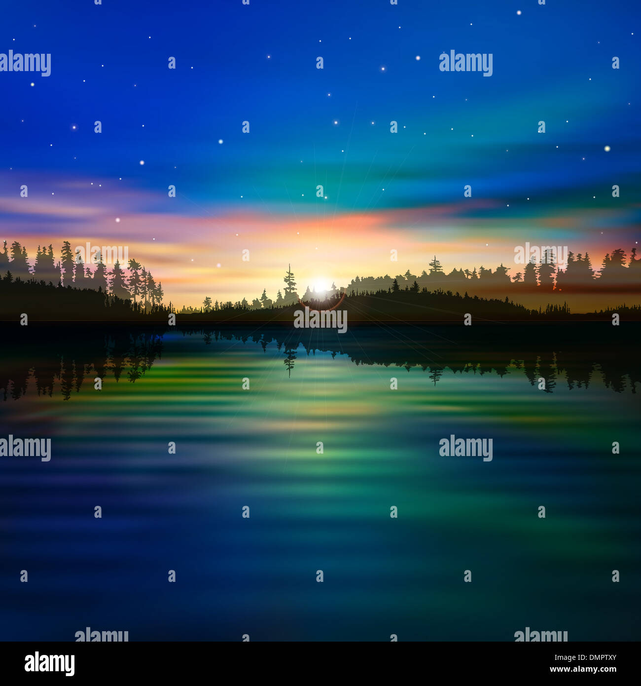 abstract blue nature background with forest lake and sunrise Stock