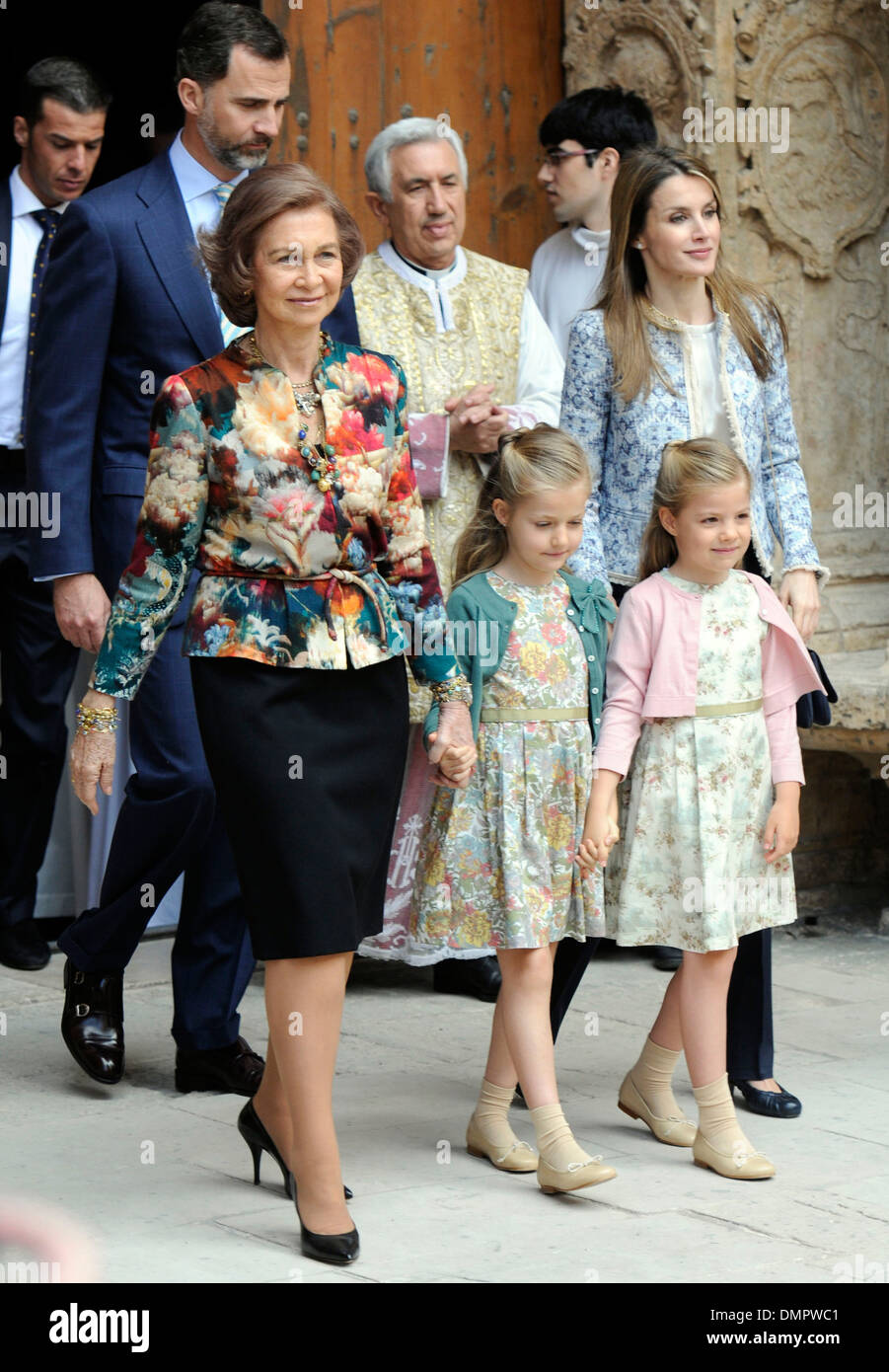 The Spanish Royal Family, without the King Juan Carlos, in the Cathedral of Palma de Mallorca in the Easter Mass in 2013. Stock Photo