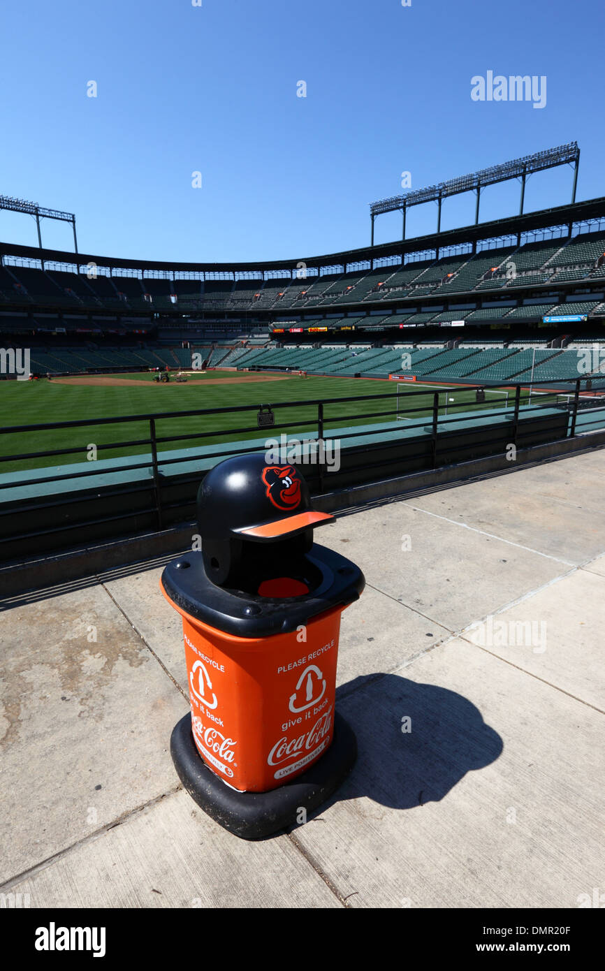 Trash can for recycling bottles at Oriole Park with Baltimore Orioles team helmet and badge, Camden Yards, Baltimore, USA Stock Photo