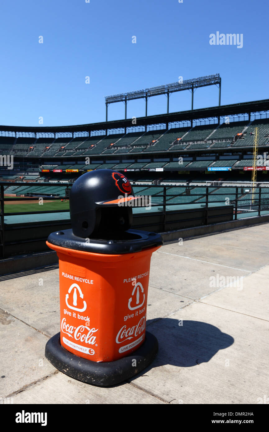 Trash can for recycling bottles at Oriole Park with Baltimore Orioles