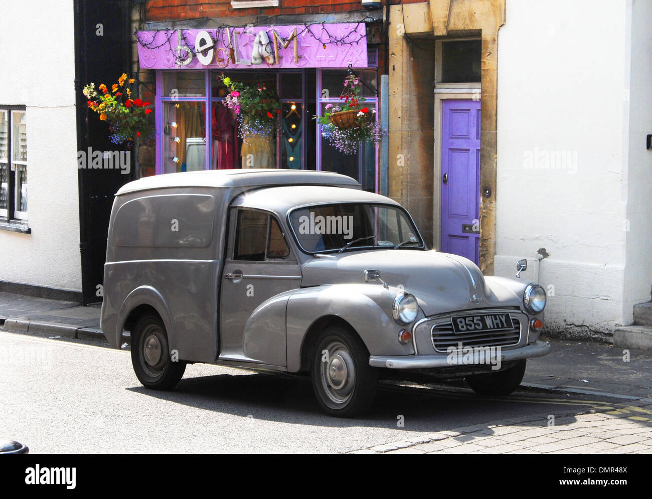 the eggman's Morris Minor van at Benedict Street Glastonbury Somerset