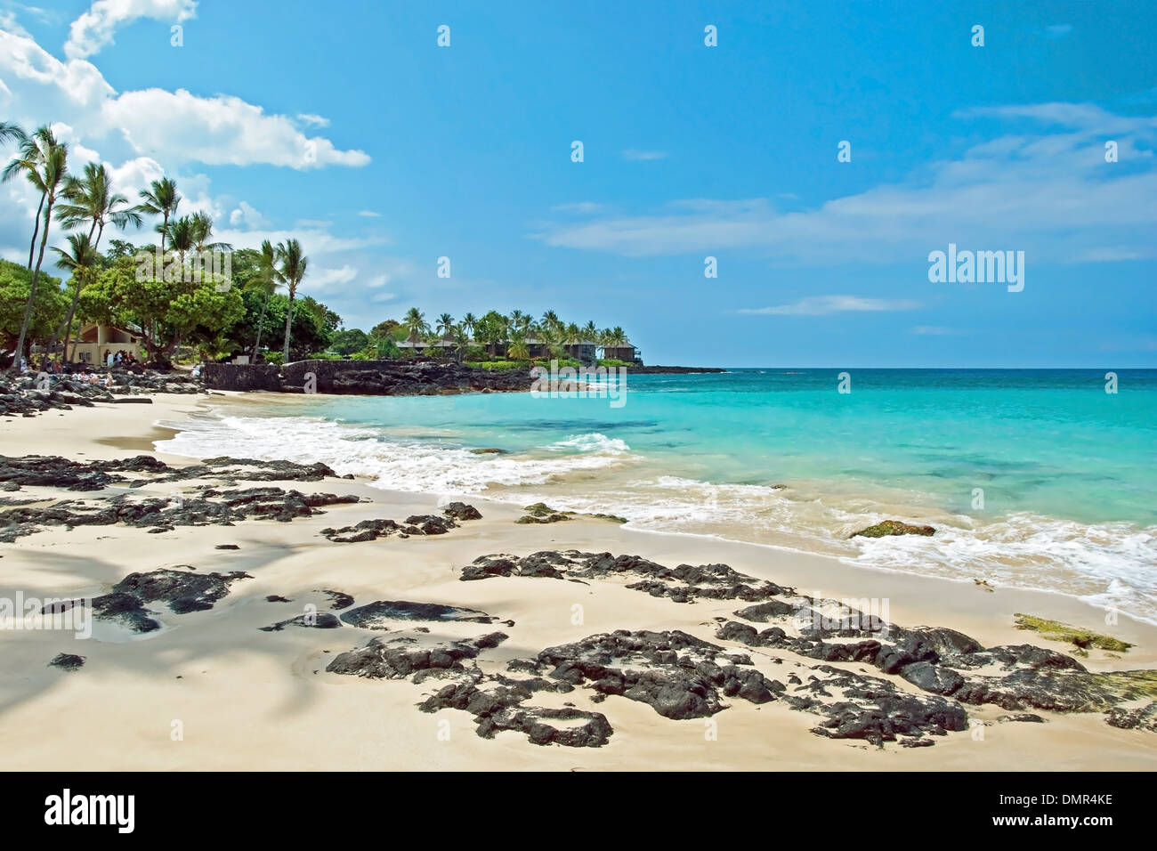 White sand beach on Hawaii Big Island with azure ocean in background Stock Photo