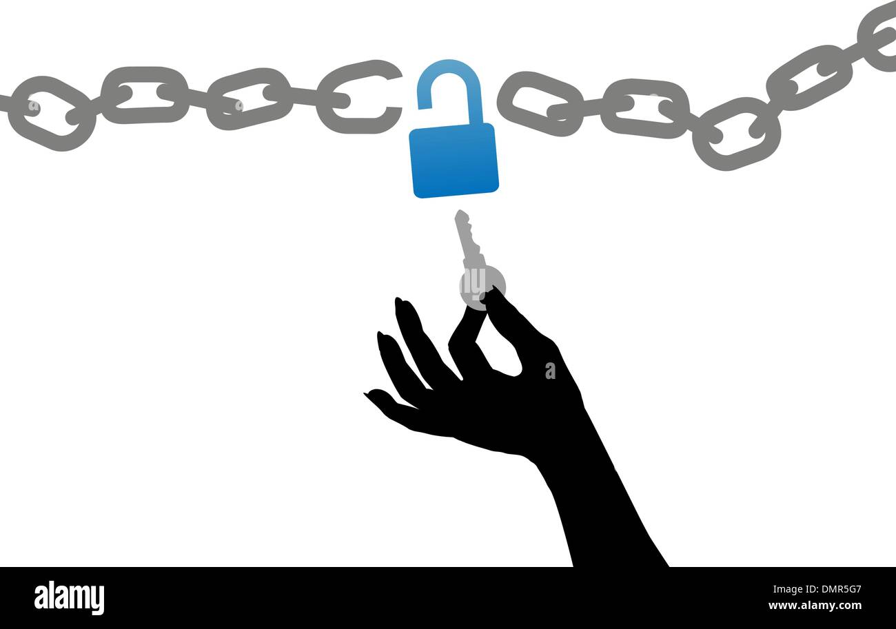 Person hand free unlock chain lock key Stock Vector