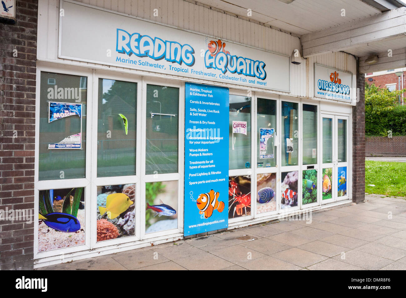 Storefront of closed down aquarium pet fish shop. Reading, Berkshire