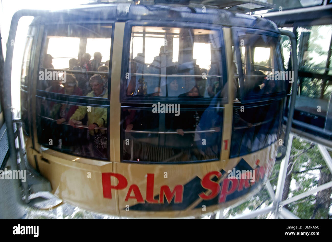 Palm Springs Aerial Tramway arrives at Mountain Station, 8516 feet, Largest rotating aerial tramway in the world. Stock Photo