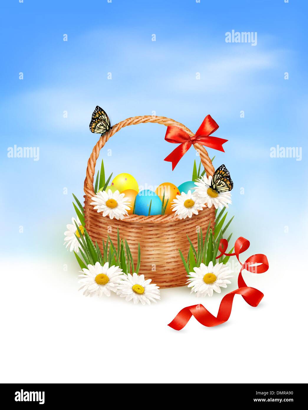 Easter background with Easter eggs with basket in the grass. Vec Stock Vector