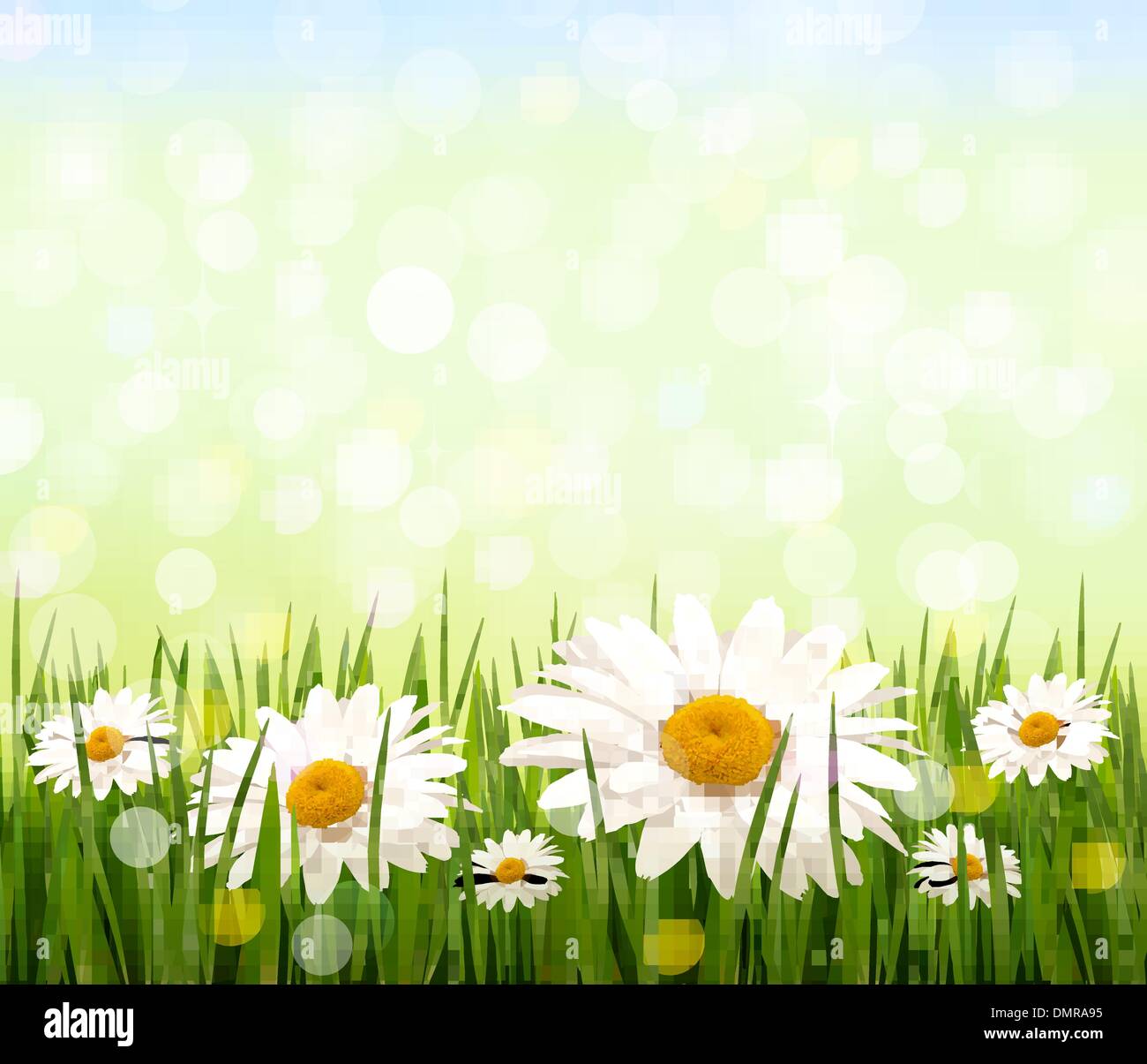 Nature background with green grass and flowers and blue sky. Vec Stock Vector