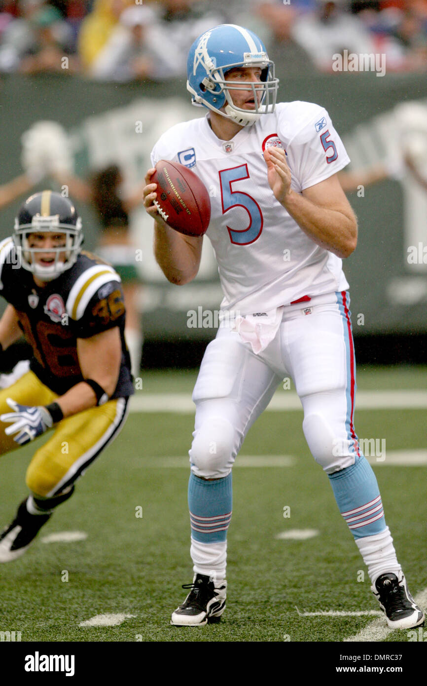 27 September 2009: Tennessee Titans #5 quarterback Kerry Collins with a  pass. The New York Jets defeated the Tennessee Titans 24-17 at Giants  Stadium in Rutherford, New Jersey. In honor of AFL