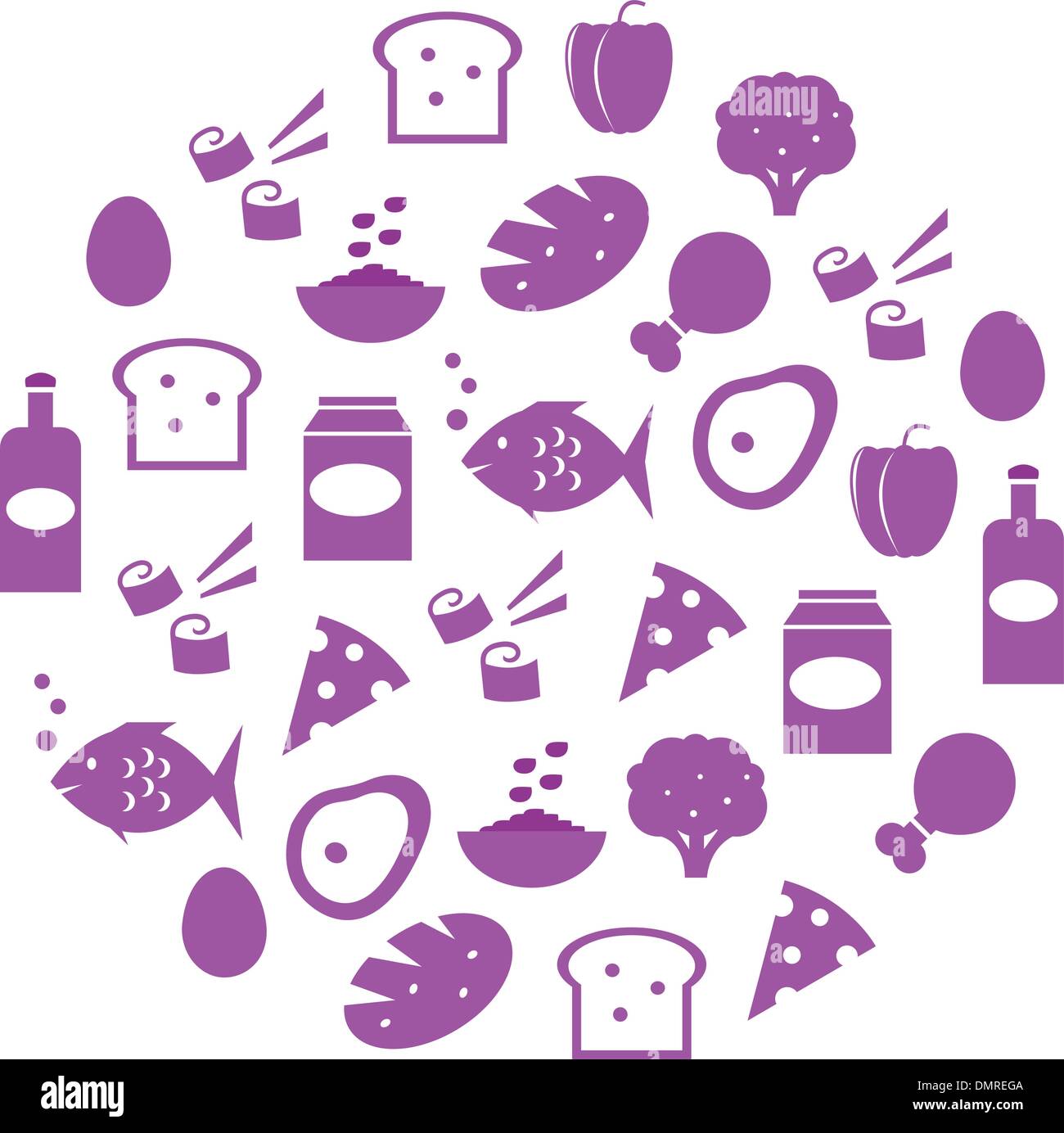 Purple abstract globe with food icons isolated on white Stock Vector