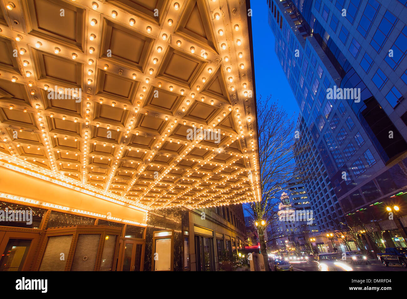 Broadway Street in Downtown Portland Oregon at Blue Hour Stock Photo