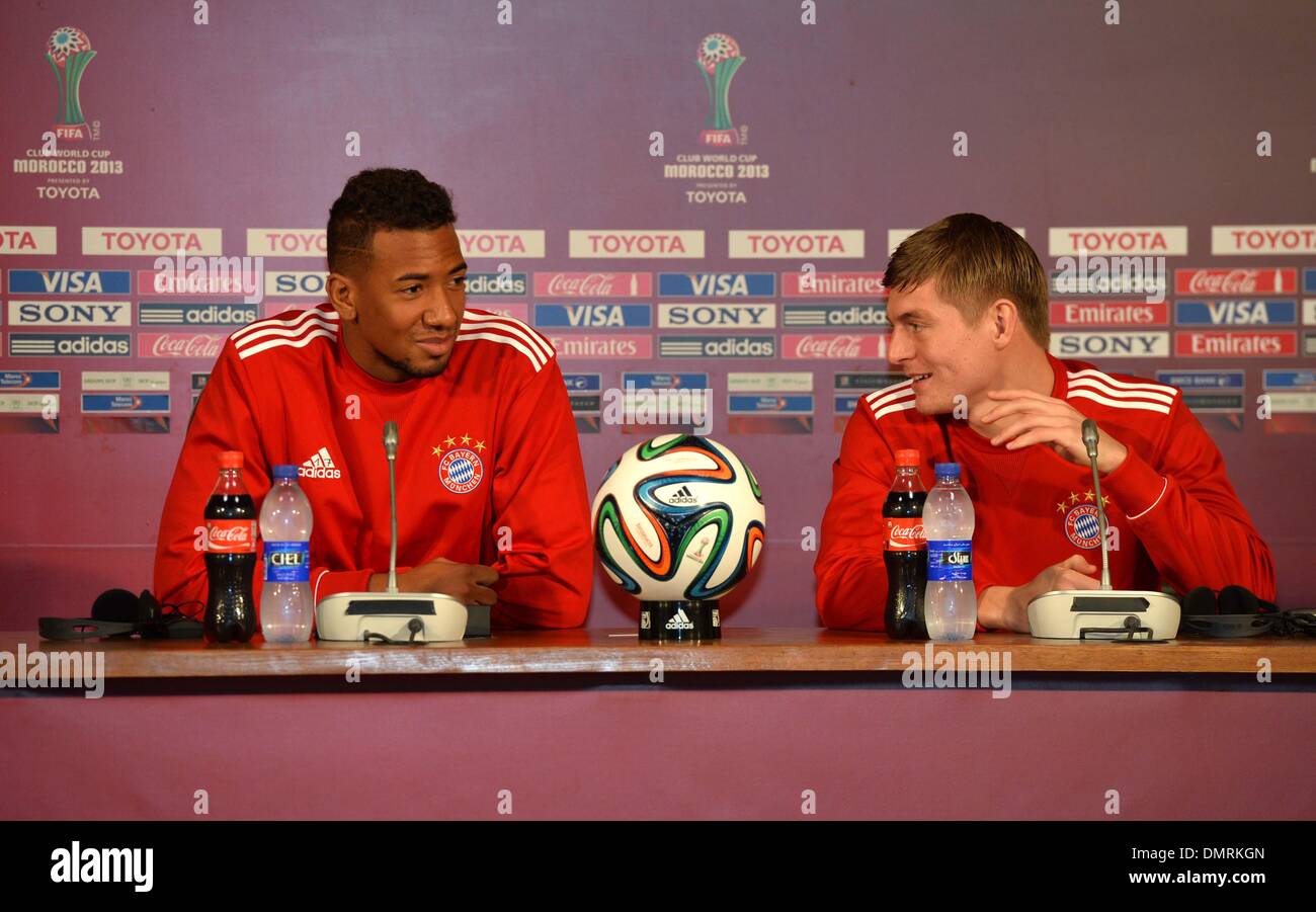 Agadir, Morocco. 16th Dec, 2013. Bayern Munich's Jerome Boateng (L) and Toni Kroos attend a press conference in Agadir, Morocco, on Dec. 16, 2013. Germany's Bayern Munich will play with China's Guangzhou Evergrande at the FIFA Club World Cup on Dec. 17. Credit:  Guo Yong/Xinhua/Alamy Live News Stock Photo
