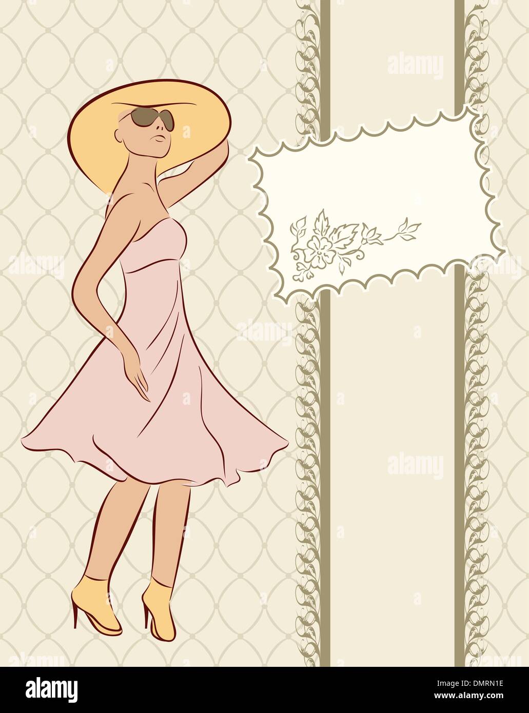 vintage girl with card, sketch style Stock Vector