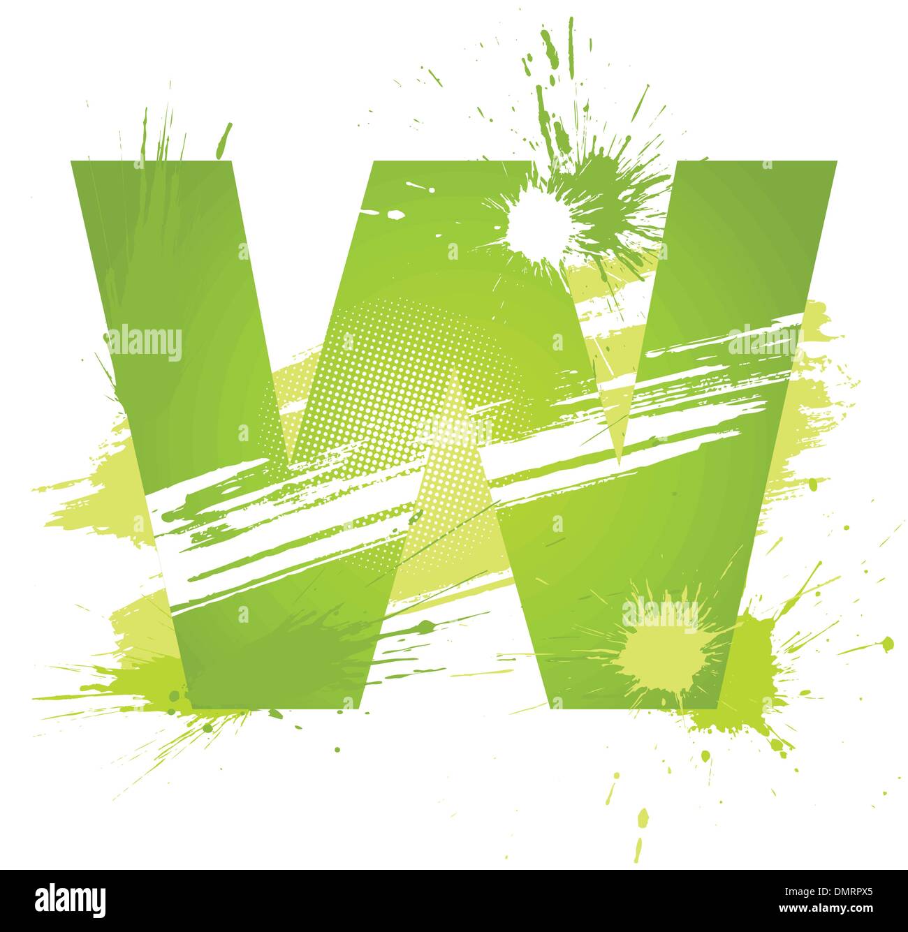 Green abstract paint splashes font. Letter W Stock Vector