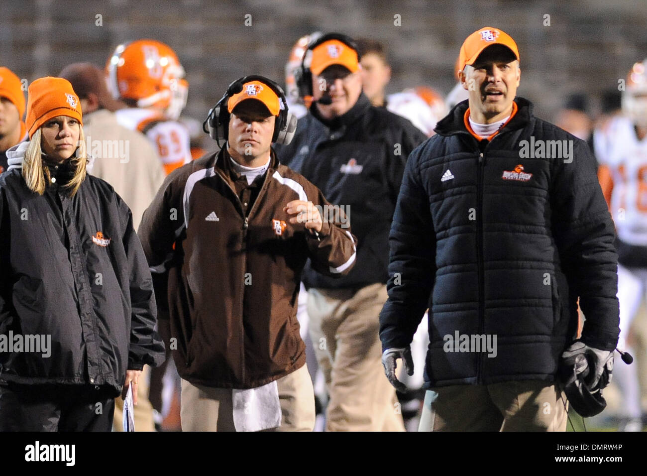 Bowling Green coach Dave Clawson (right) questions a penalty in the second quarter against