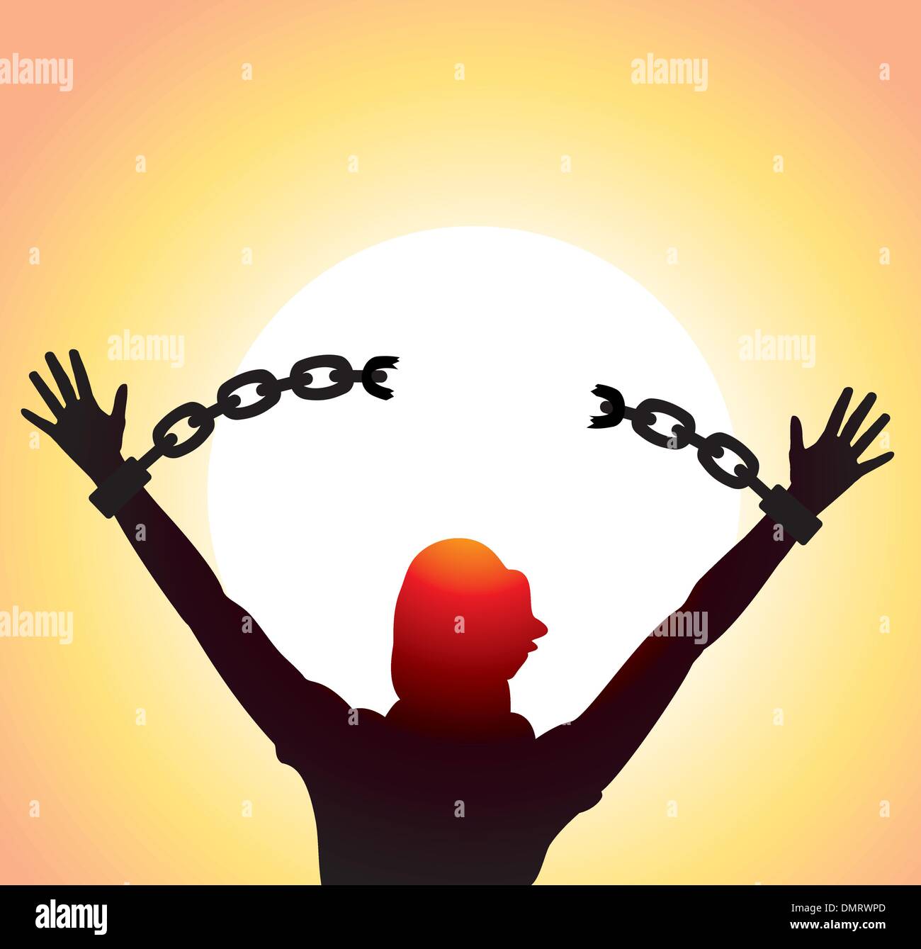 girl with raised hands and broken chains Stock Vector