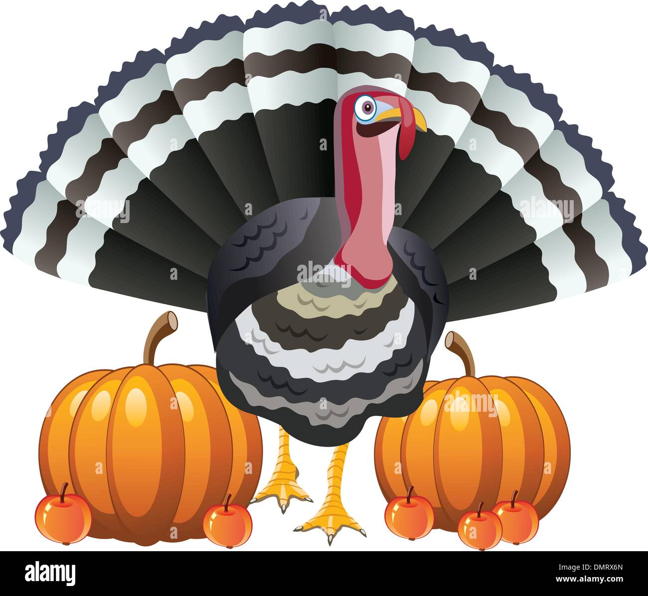 turkey, pumpkins and apples for thanksgiving day Stock Vector