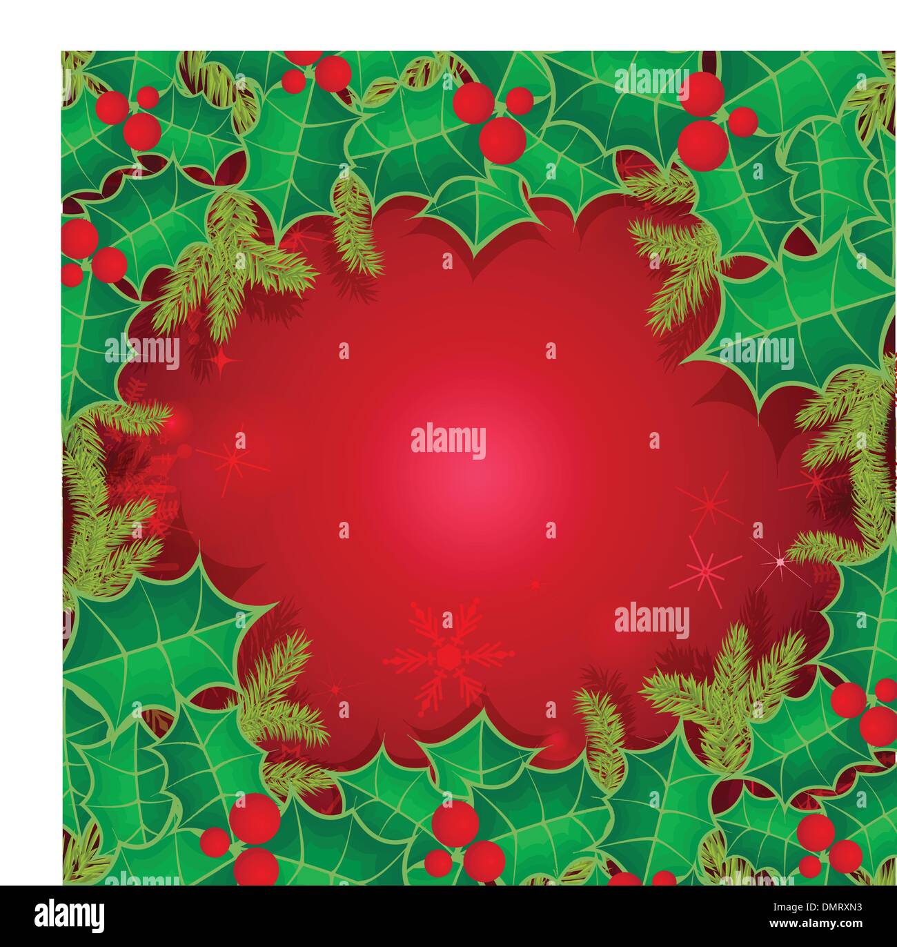 Christmas background with holly berry leaves on dark green background