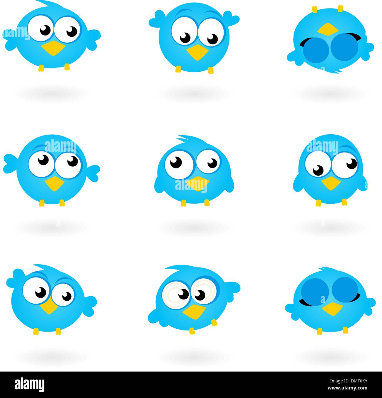 Cute blue vector Twitter Birds icons collection isolated on white Stock