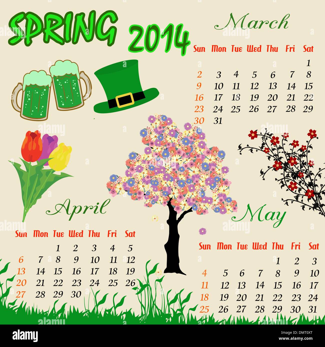 Spring calendar 2014 Stock Vector