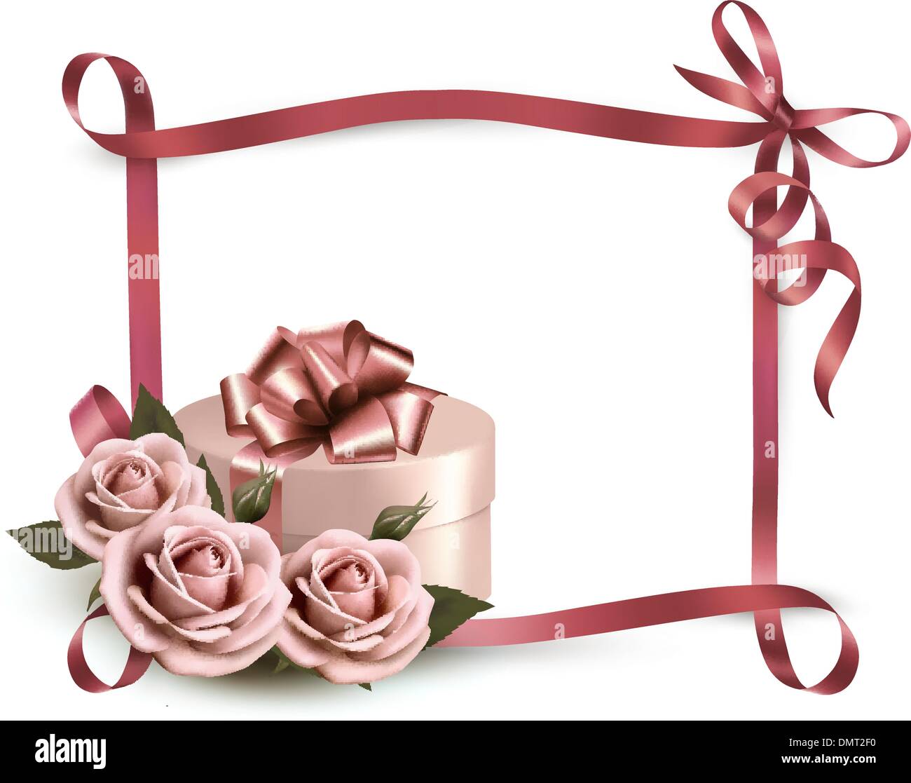 Holiday background with three roses and gift box and ribbon. Vec Stock Vector