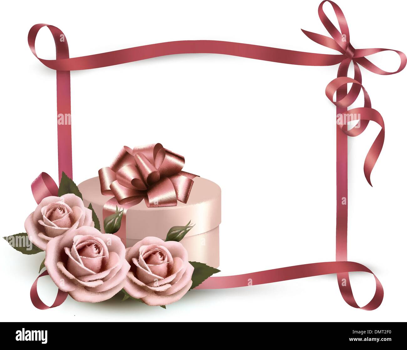 Holiday background with three roses and gift box and ribbon. Vec Stock ...