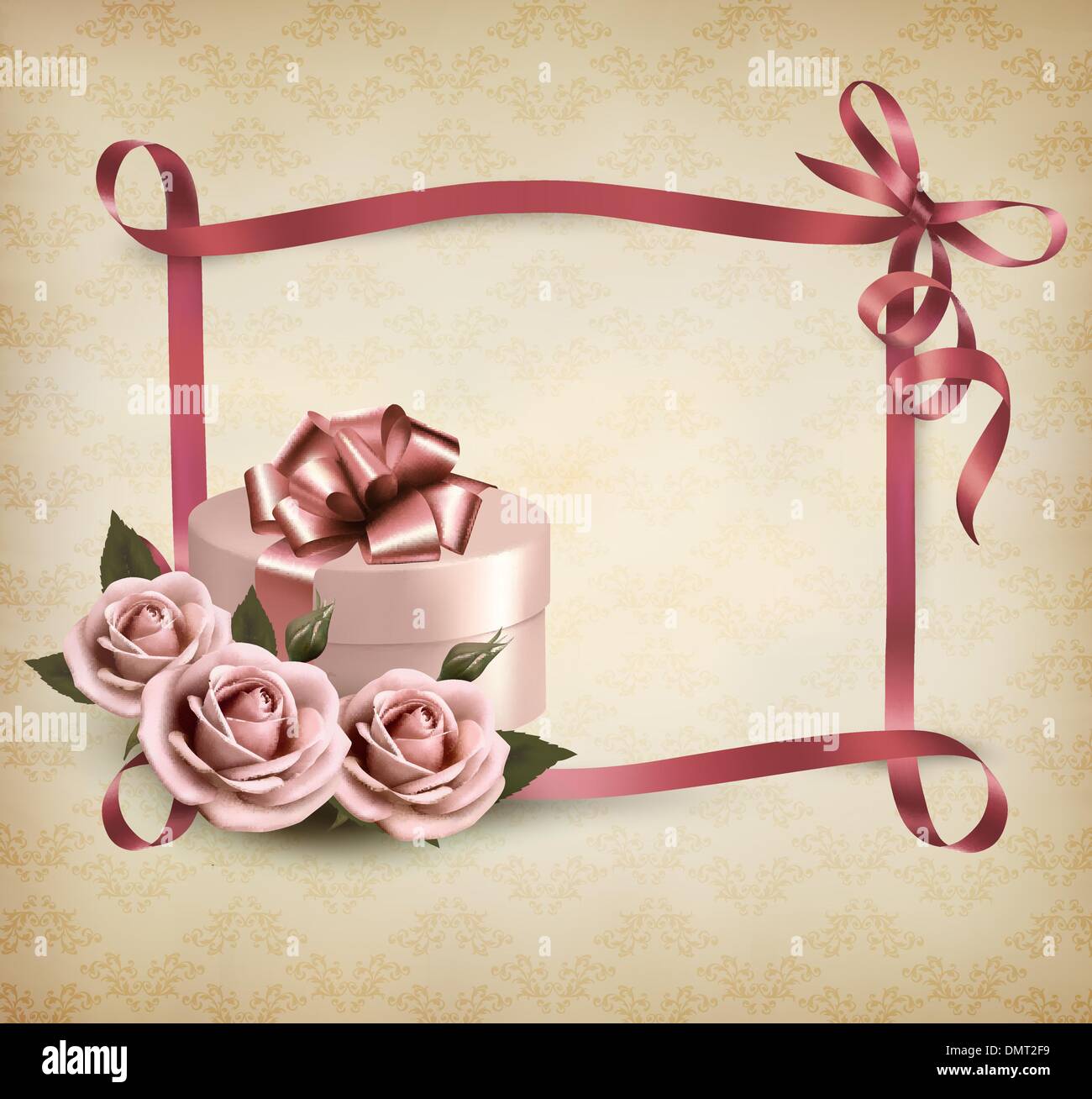 Holiday background with three roses and gift box and ribbon. Vec Stock Vector