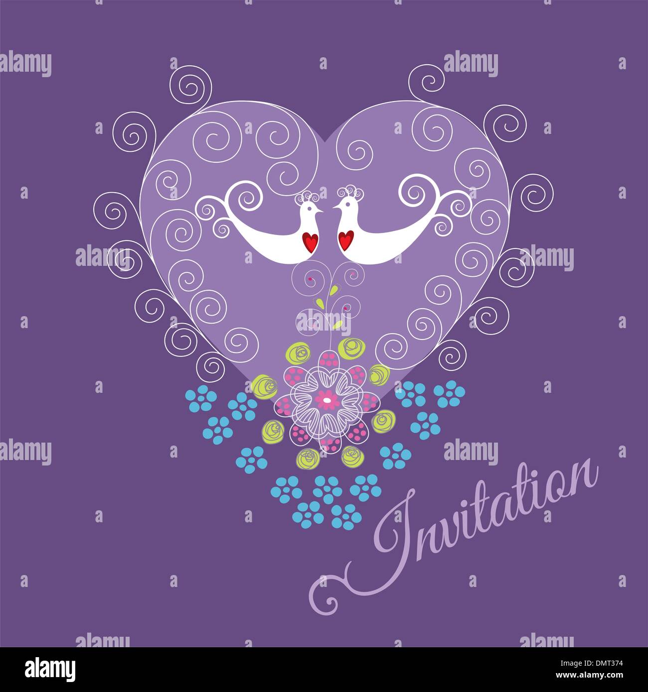 Purple invitation with two love birds and heart Stock Vector