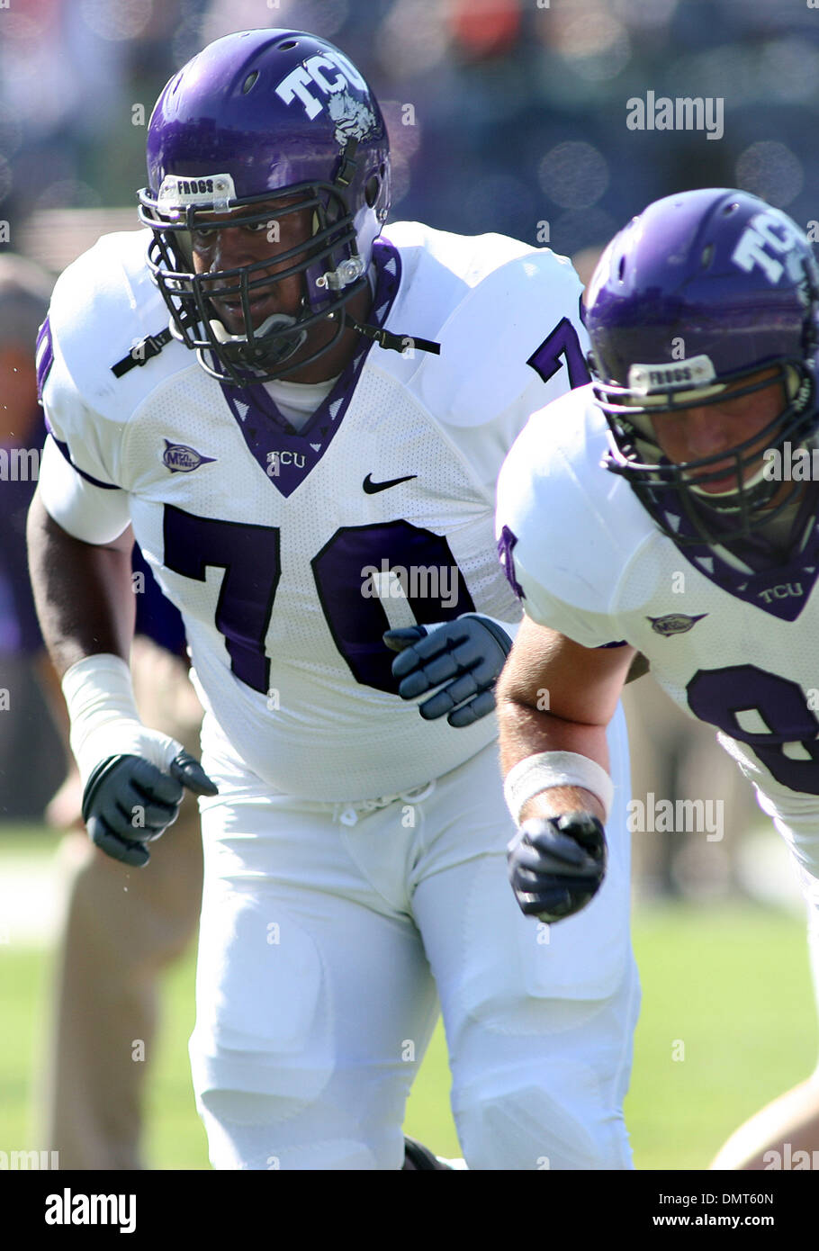 TCU players Jerry Hughes (98) and Evan Frosh (84) before game time against the San Diego State Aztecs at Qualcomm Stadium in San Diego CA. TCU defeated SDSU 55-12. (Credit Image: © Nick Morris/Southcreek Global/ZUMApress.com) Stock Photo