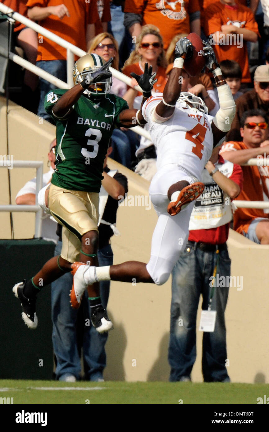 Texas DB Aaron Williams leaps up for the interception in the endzone as the #2 Texas Longhorns battle the Baylor Bears in a Big 12 showdown! (Credit Image: © Steven Leija/Southcreek Global/ZUMApress.com) Stock Photo
