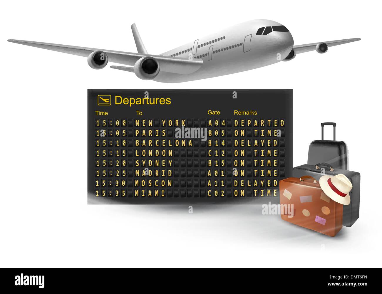 Travel background with mechanical departures board and airline. Stock Vector