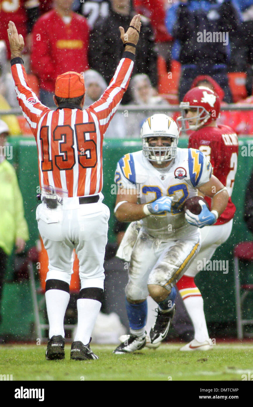 San Diego Chargers running back Jacob Hester (22) celebrates after blocking  a punt by Kansas City Chiefs punter Dustin Colquitt (2) and diving on it in  the end-zone scoring a touchdown during