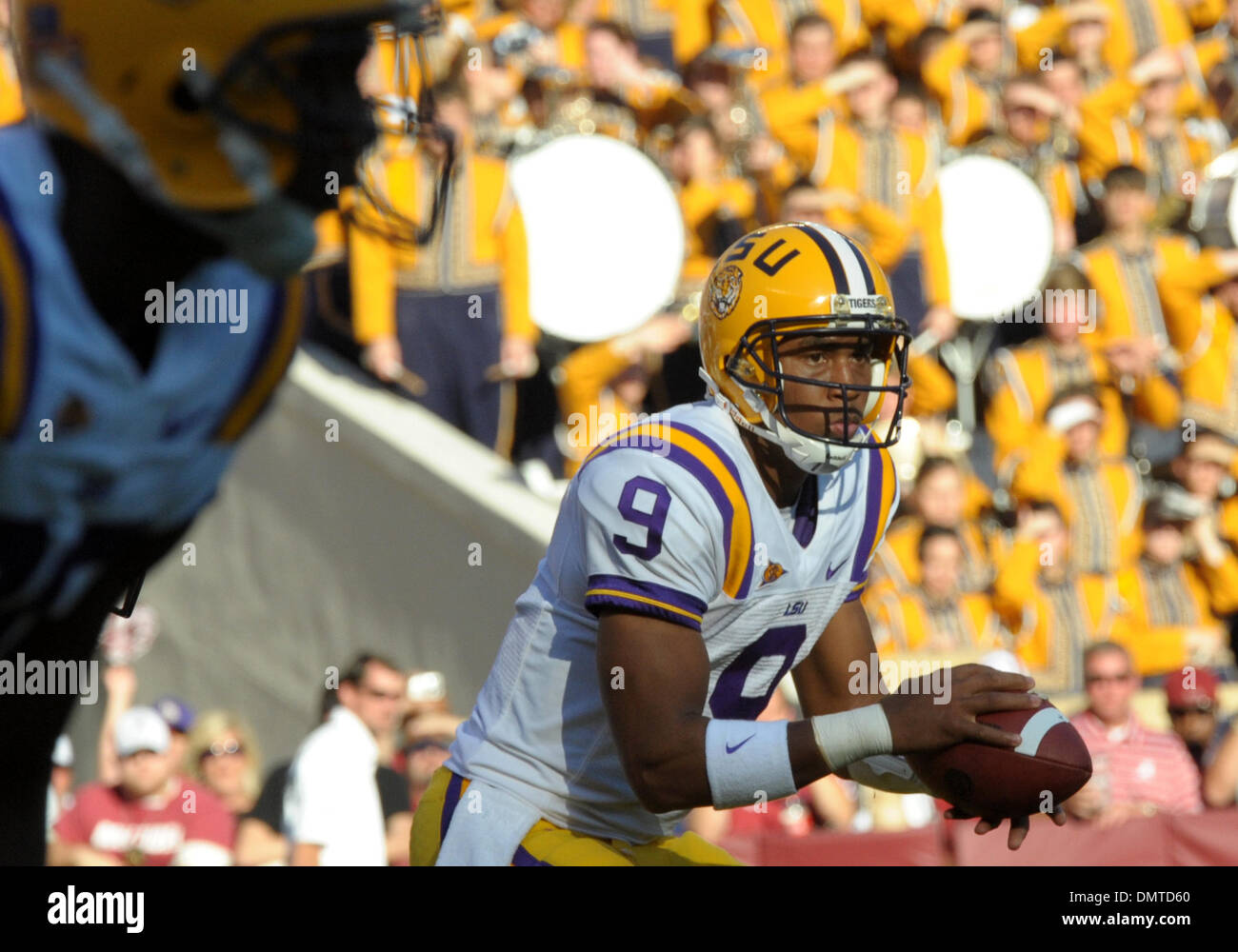 LSU quarterback, #9 Jordan Jefferson, takes the snap during an SEC West matchup between #3 Alabama and #9 LSU.  The game is being held in Bryant .Denny Stadium in Tuscaloosa, Alabama.  Alabama would win the game 24-15. (Credit Image: © Stacy Revere/Southcreek Global/ZUMApress.com) Stock Photo