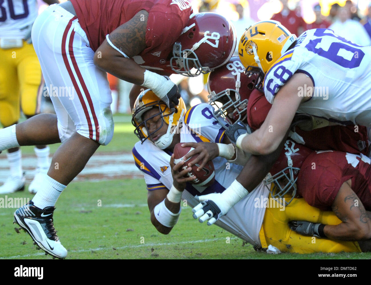 LSU quarterback, #9 Jordan Jefferson, is brought down hard during an SEC West matchup between #3 Alabama and #9 LSU.  The game is being held in Bryant .Denny Stadium in Tuscaloosa, Alabama.  Alabama would win the game 24-15. (Credit Image: © Stacy Revere/Southcreek Global/ZUMApress.com) Stock Photo