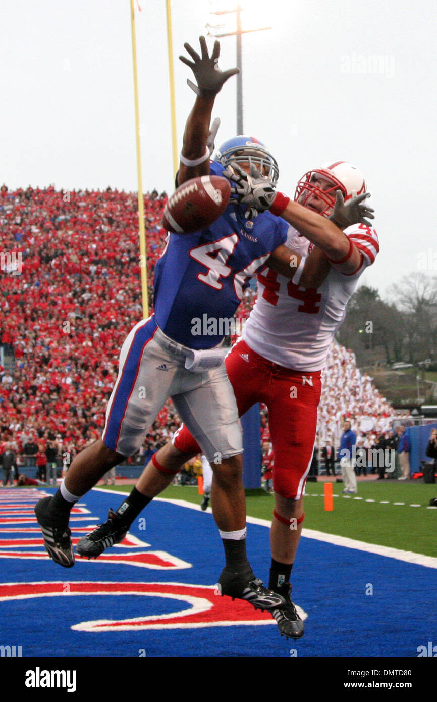 Kansas cornerback Justin Thornton (46) wrestles midair with Nebraska tight end Mike McNeill (44) for a pass in the end-zone during the first half action in the game between the Kansas Jayhawks and the Nebraska  Cornhuskers being played at Memorial Stadium in Lawrence, Kansas.  At the half Nebraska and Kansas are tied at 10. (Credit Image: © Jacob Paulsen/Southcreek Global/ZUMApress Stock Photo