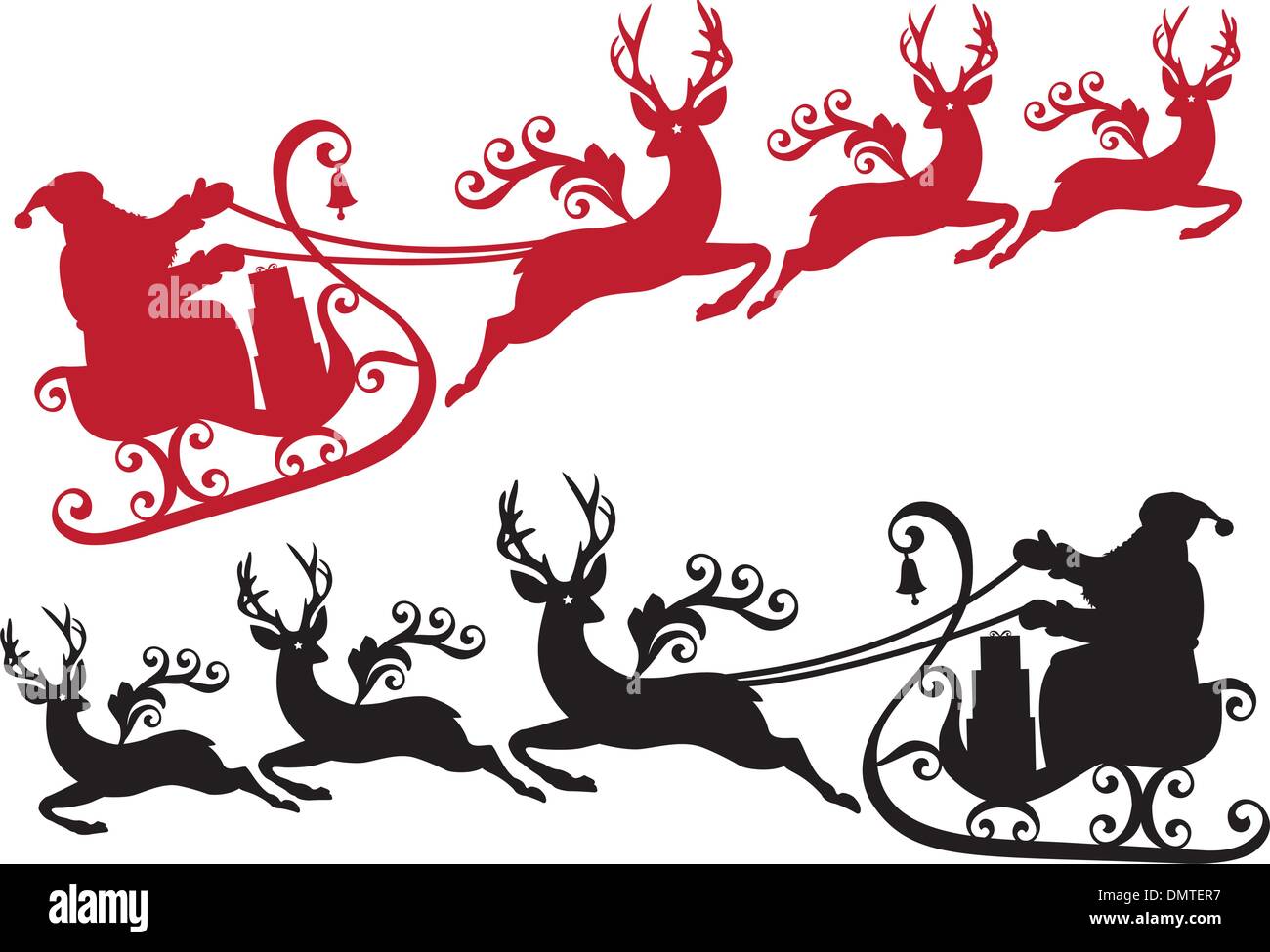 santa with sleigh and reindeer, vector Stock Vector
