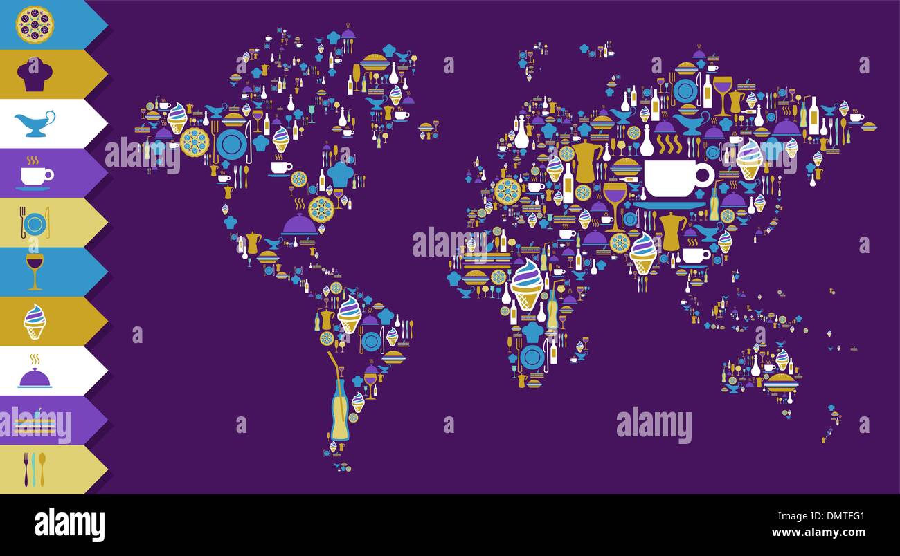Gourmet icon set in World globe map Stock Vector
