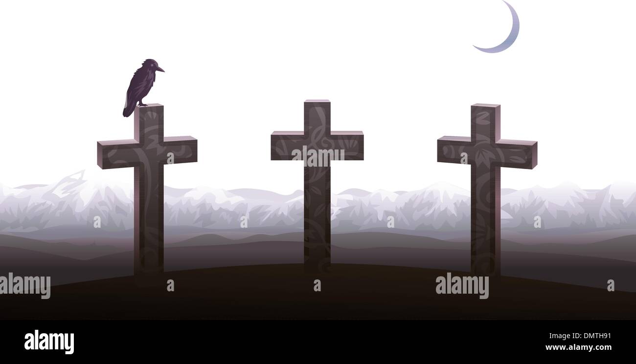 Three graves and a raven Stock Vector