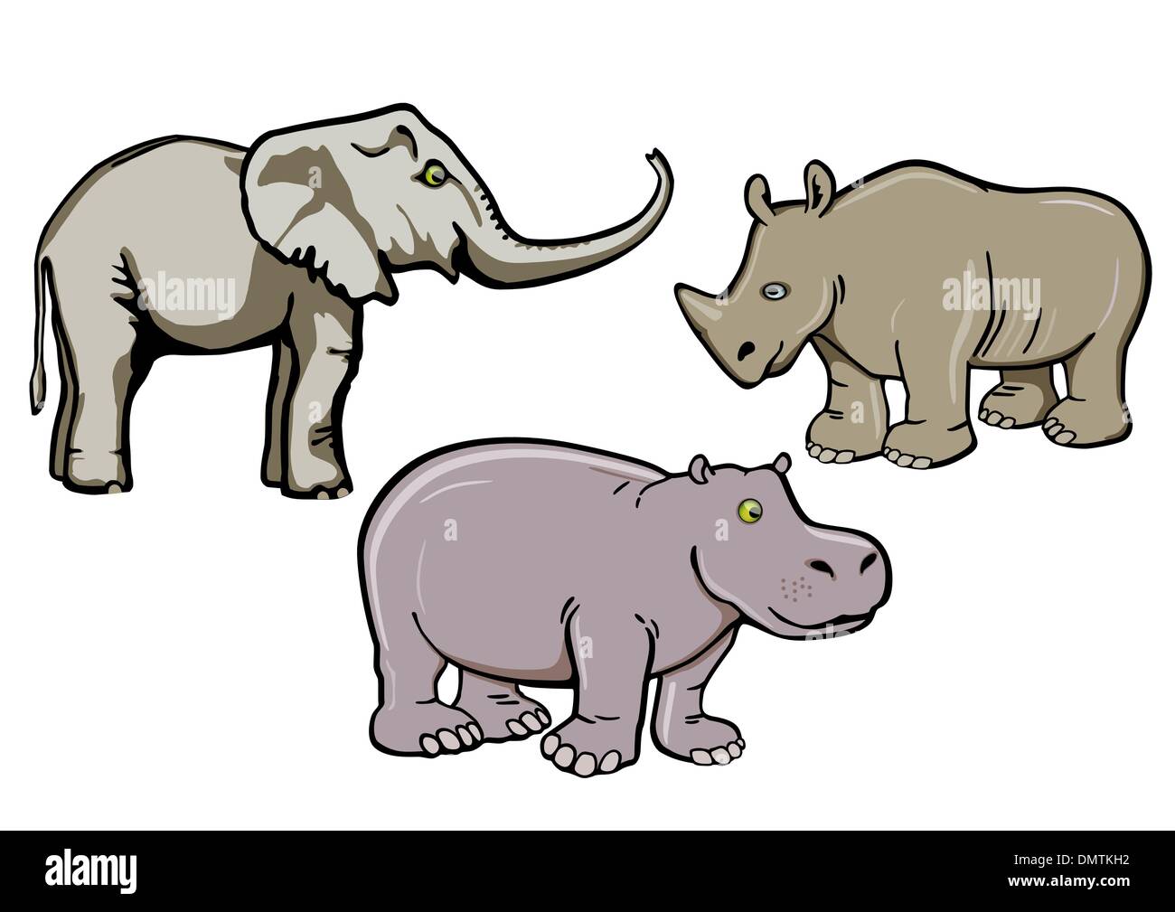 small elephants, rhino and hippo Stock Vector