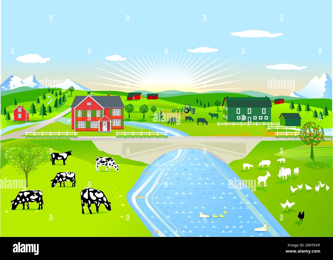 Summer morning landscape with agricultural animals Stock Vector