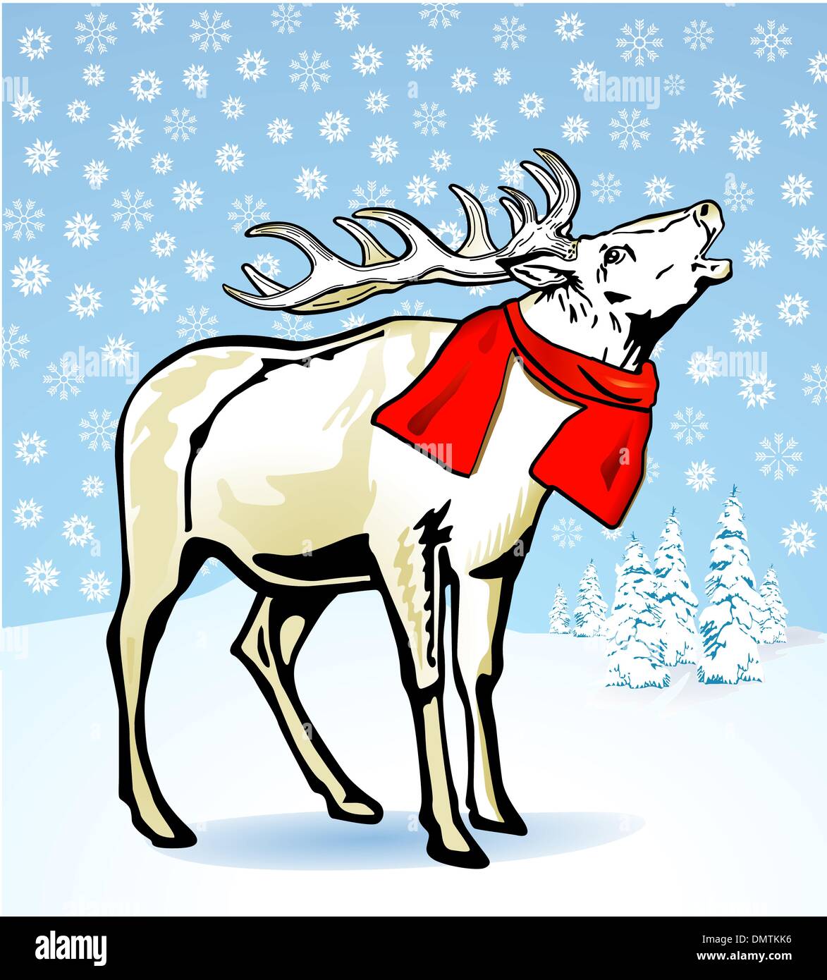 Deer in the snow with red shawl Stock Vector