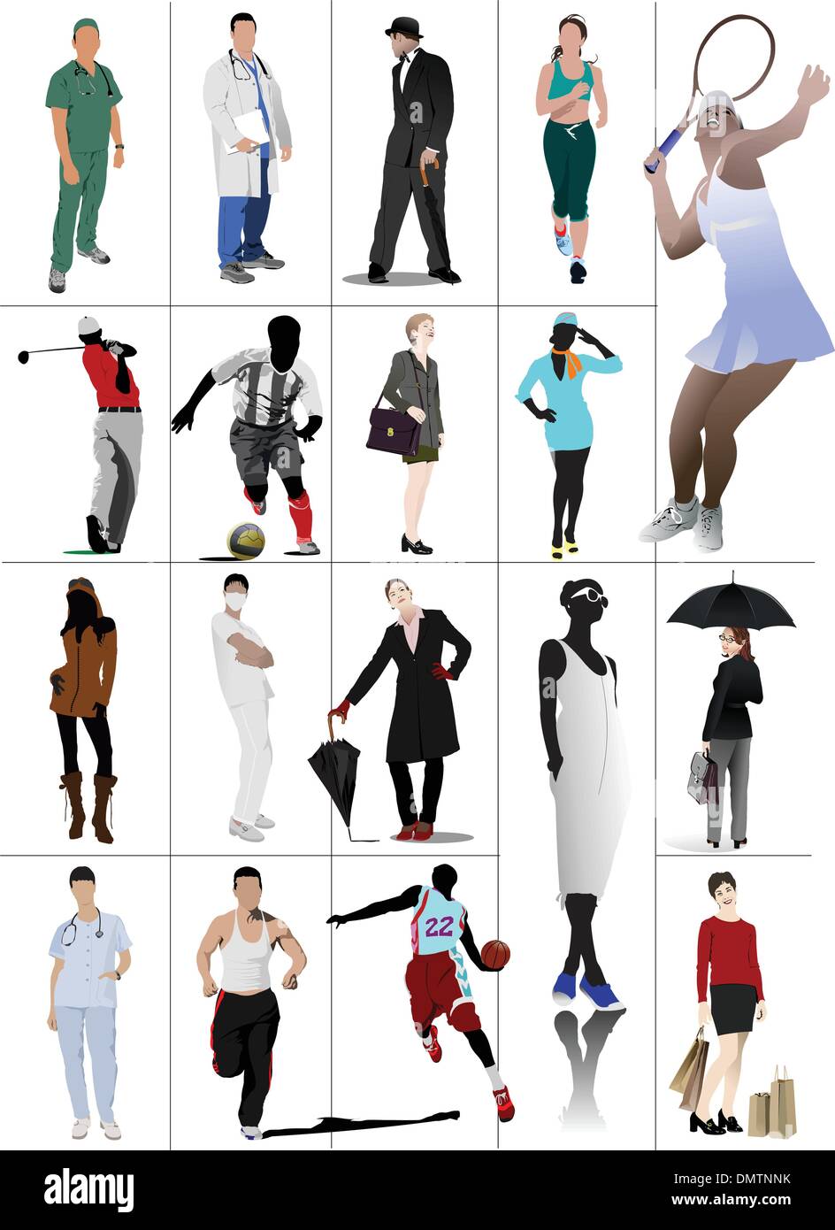 Colored people in action. Silhouettes. Vector illustration Stock Vector
