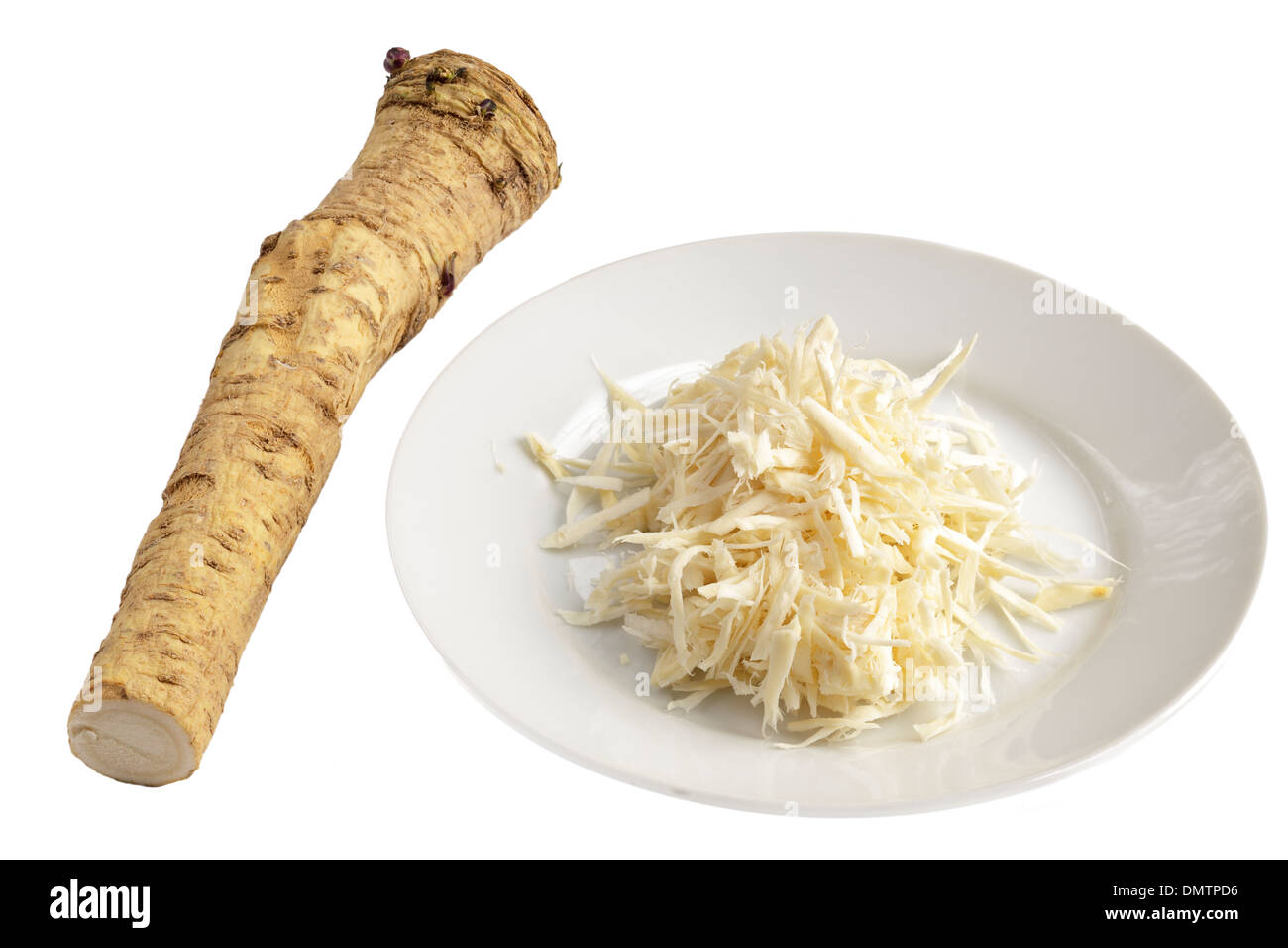 Horseradish, whole and grated Stock Photo