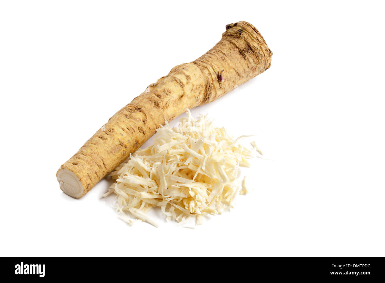 Horseradish, whole and grated Stock Photo