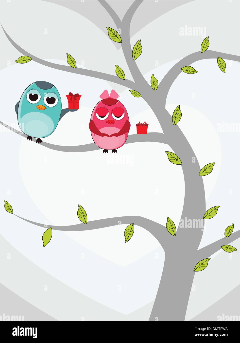 Vector illustration of two love birds sitting on tree with gift Stock ...