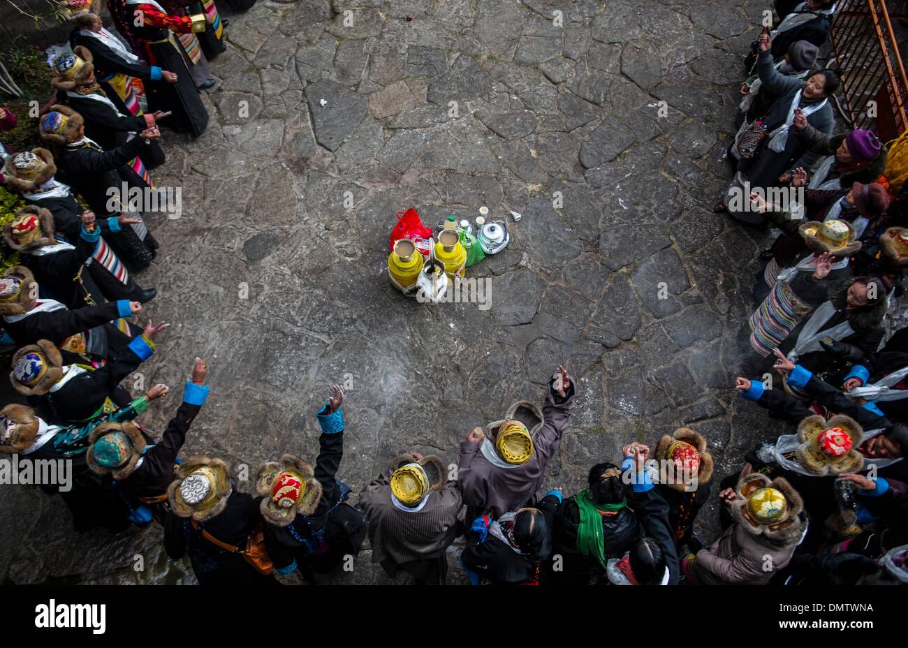 Lhasa, Tibet. 17th Dec, 2013. People pay homage to Palden Lhamo, a goddess in the Tibetan Buddhism, at the Jokhang Temple in Lhasa, capital of southwest China's Tibet Autonomous Region, Dec. 17, 2013. The Palden Lhamo Festival, which falls on the 15th day of the 10th month of the Tibetan calender, is celebrated by the female followers of Tibetan Buddhism to pray for a satisfactory marriage each year. Credit:  Purbu Zhaxi/Xinhua/Alamy Live News Stock Photo