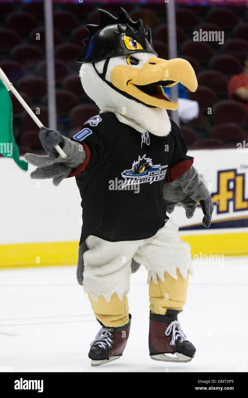 29 December 2009: Lake Erie Monsters mascot Ã'SullyÃ“ on the ice following  the second period of the American Hockey League game between the Peoria  Rivermen and the Lake Erie Monsters played at