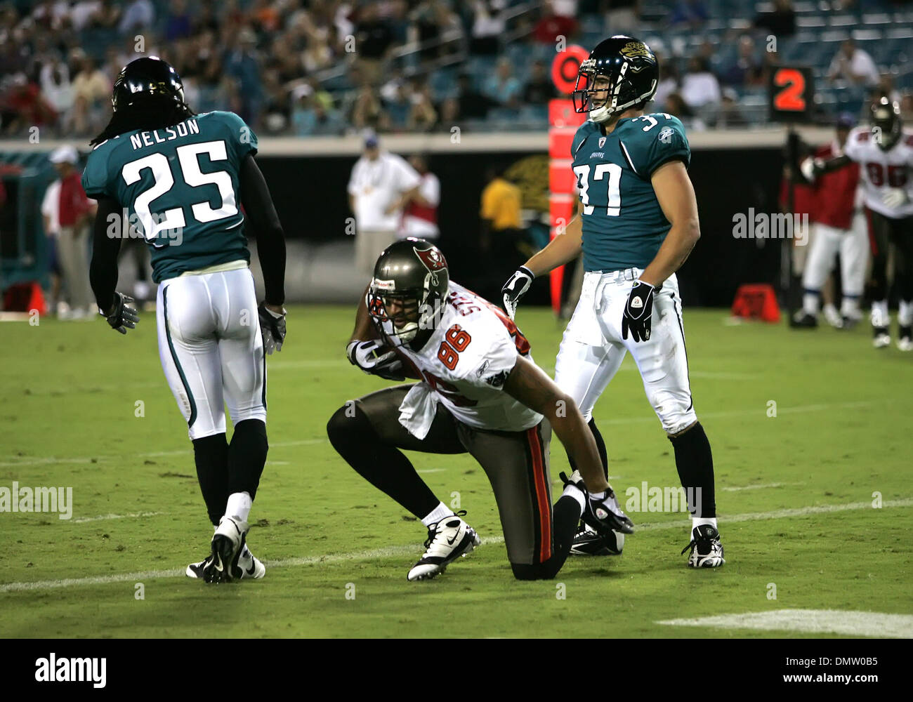 Aug. 22, 2009 - Jacksonville, Florida, U.S - 22 August 2009 ....Jerramy Stevens  scores during the preseason football game between the Tampa Bay Buccaneers and the Jacksonville Jaguars at Jacksonville Municipal Stadium in Jacksonville, Florida on August 22, 2009. The Buccaneers won the game 24-23. (Credit Image: © Southcreek Global/ZUMApress.com) Stock Photo